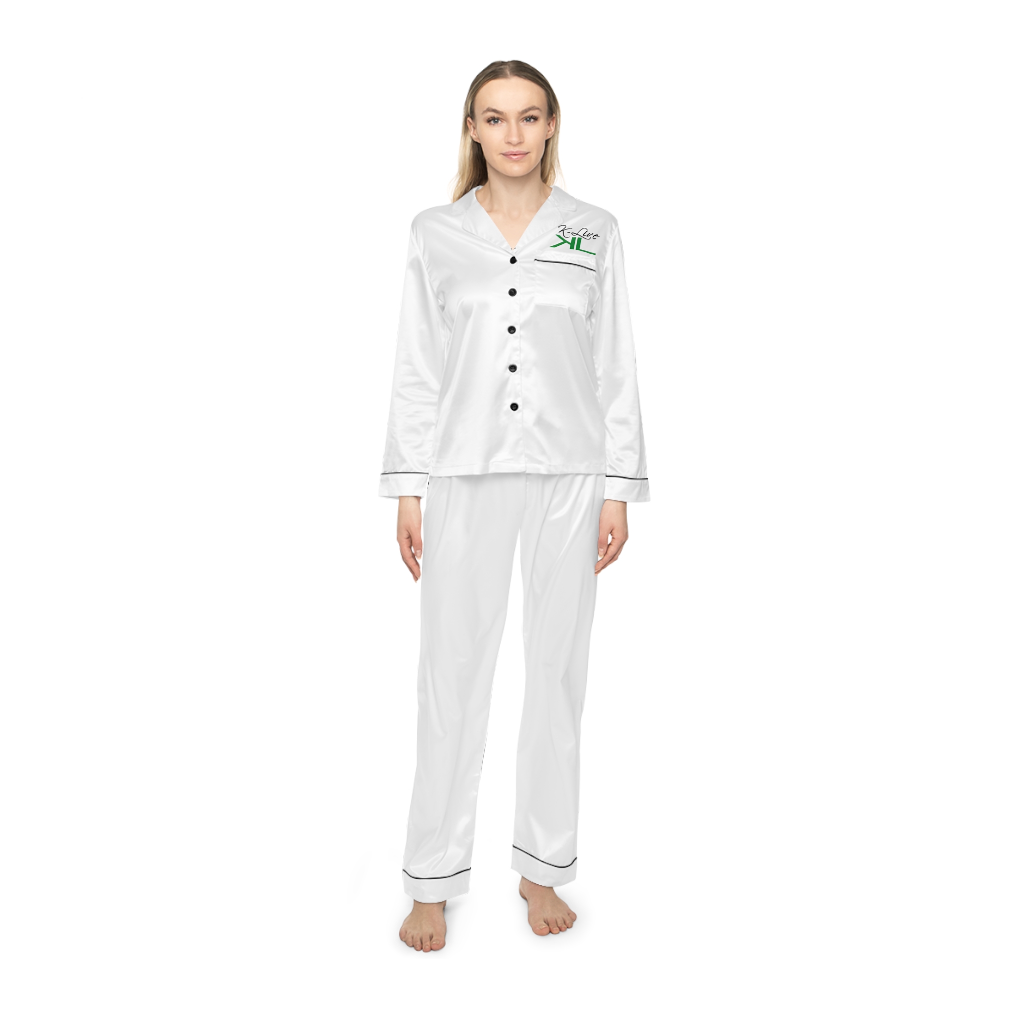 K-Live Women’s Satin Pyjamas Set- White Luxe Sleepwear with K-Live Script Accent