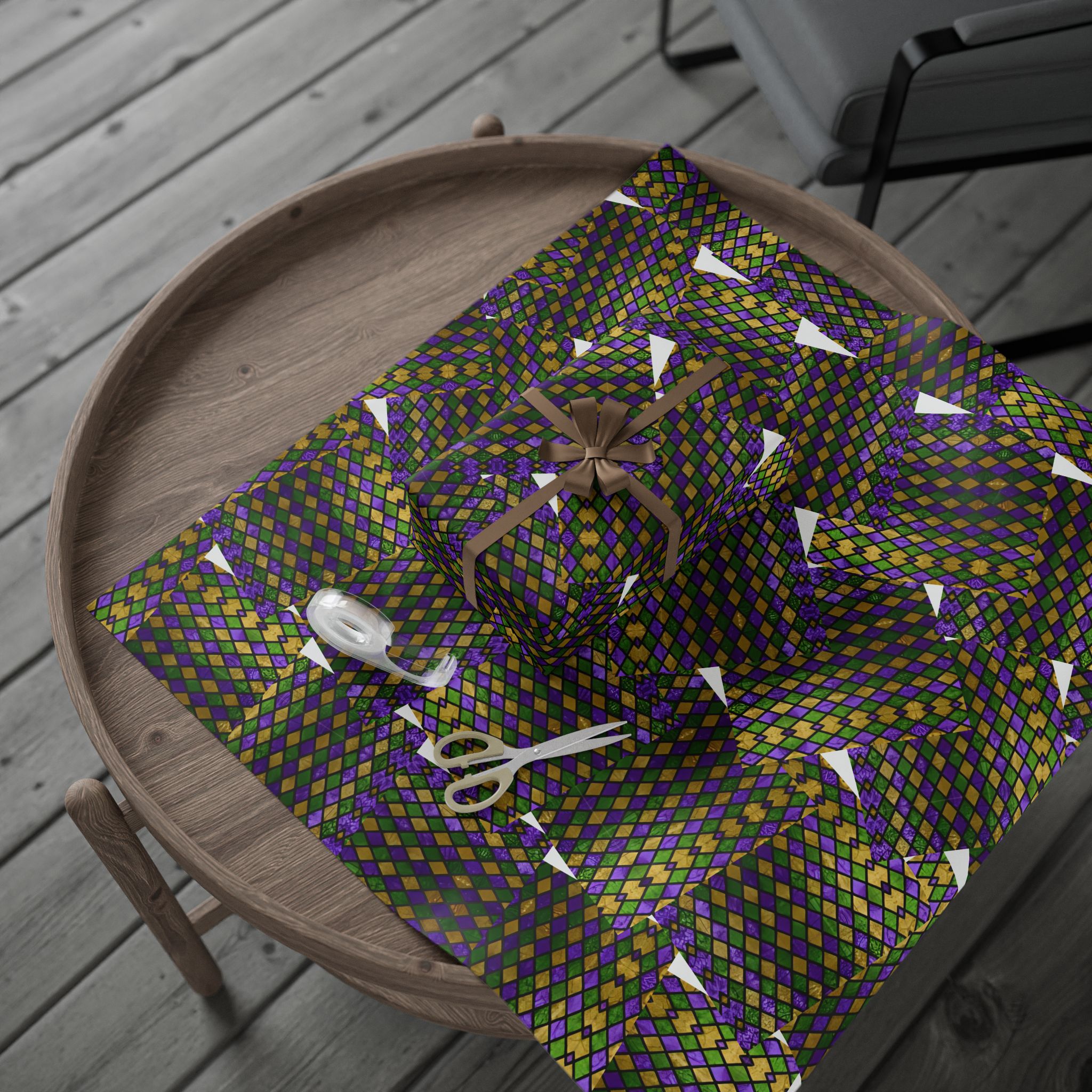 Mardi Gras Harlequin Pattern Wrapping Paper | Purple Green Gold KL Pattern