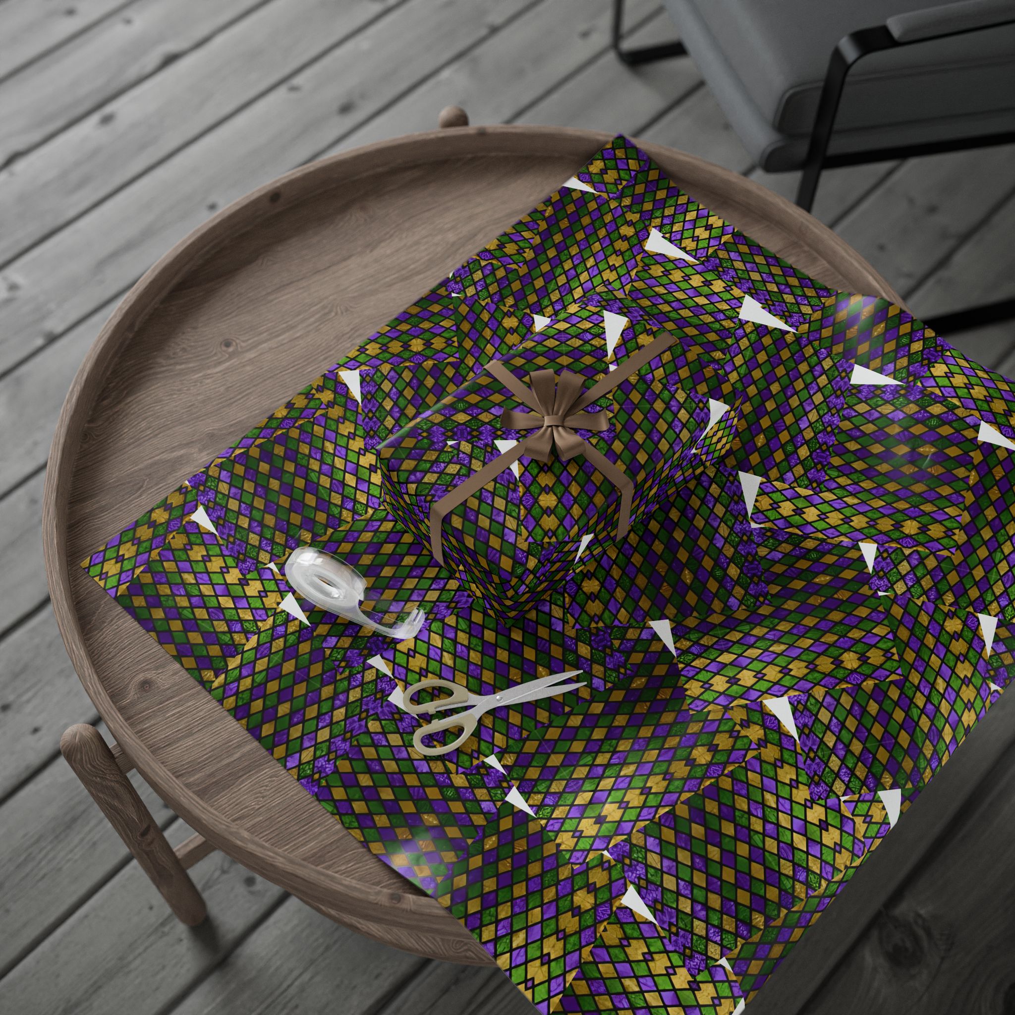 Mardi Gras Harlequin Pattern Wrapping Paper | Purple Green Gold KL Pattern