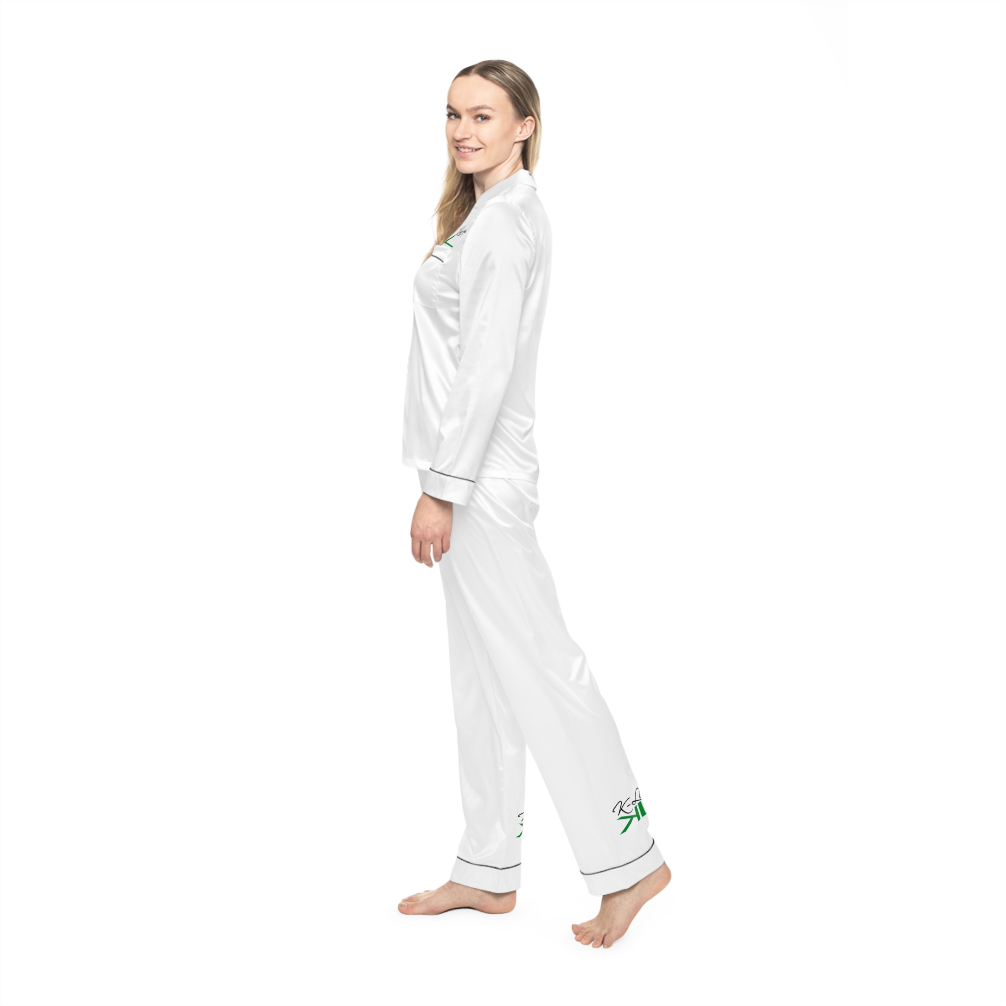 K-Live Women’s Satin Pyjamas Set- White Luxe Sleepwear with K-Live Script Accent