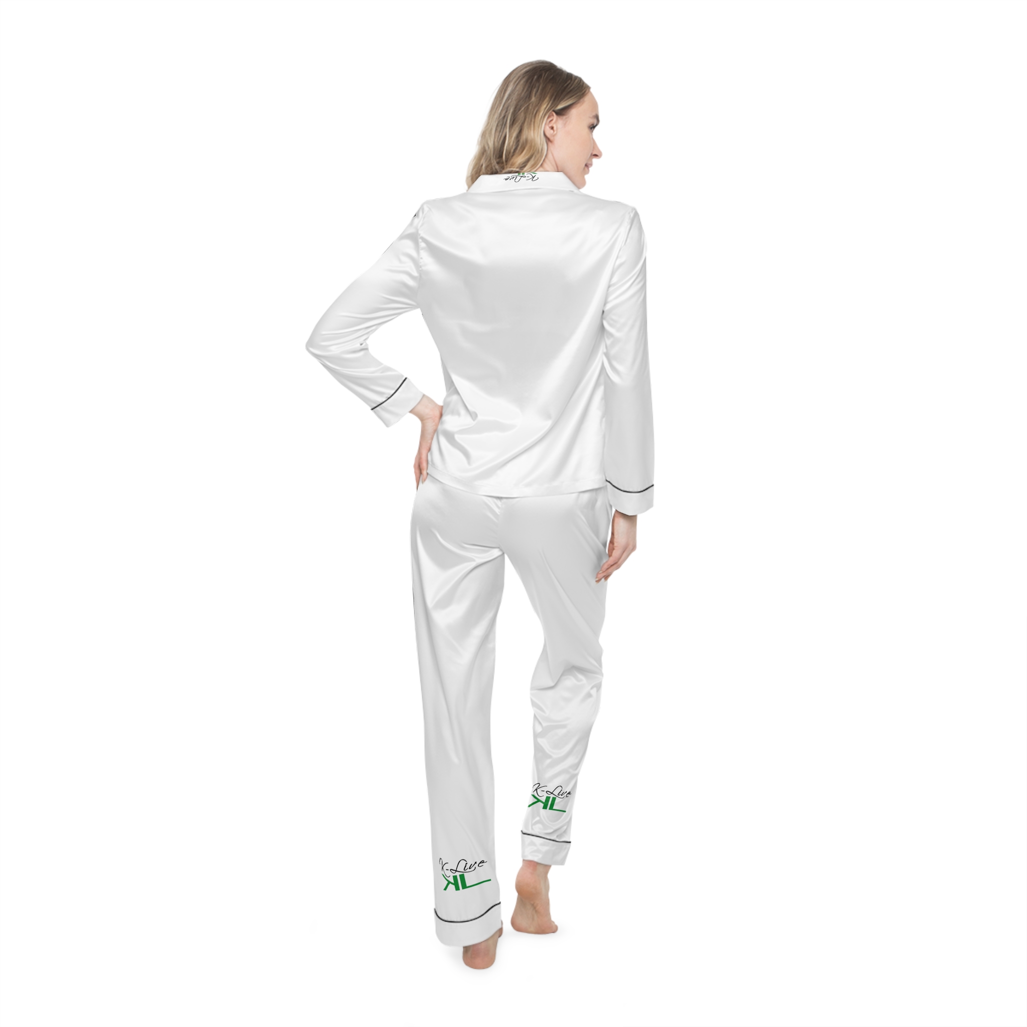 K-Live Women’s Satin Pyjamas Set- White Luxe Sleepwear with K-Live Script Accent